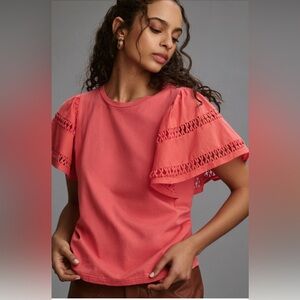 NWT Anthropologie Self Contrast Coral Flutter Sleeve Cutwork Top - Large $68
